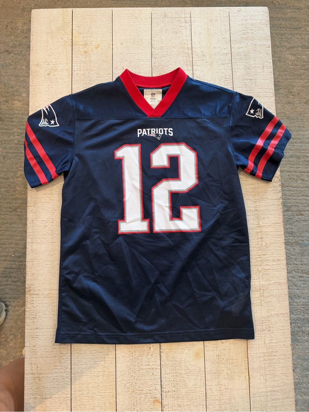 NFL Patriots Kids Navy Blue and Red #12 Football Jersey Boys L (10/12)